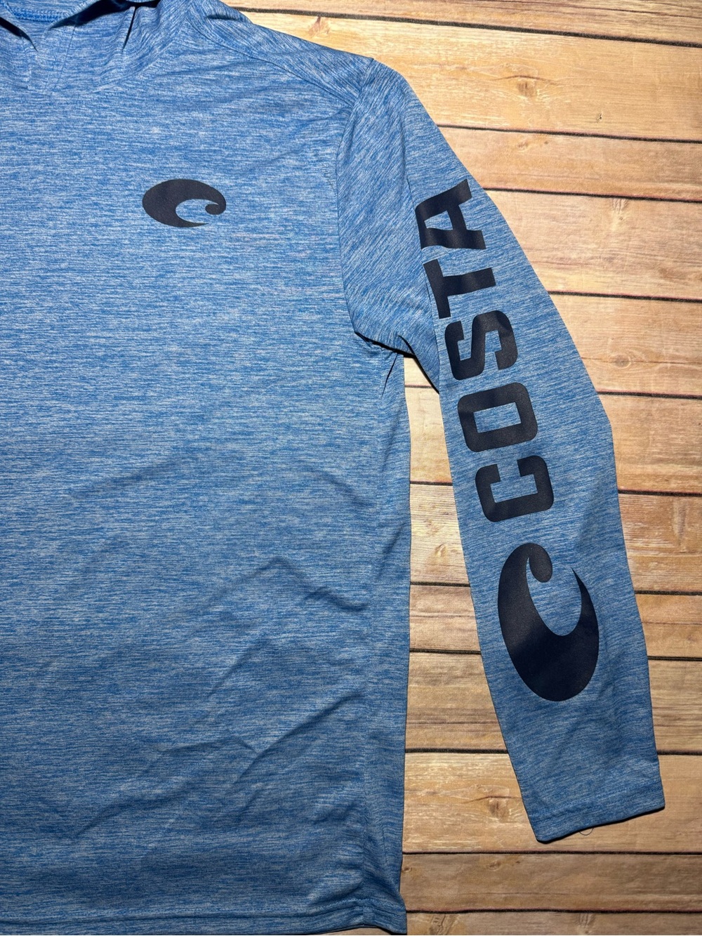 Costa Heathered Blue Hooded Performance Shirt with Logo Sleeve size M - Picture 3 of 10
